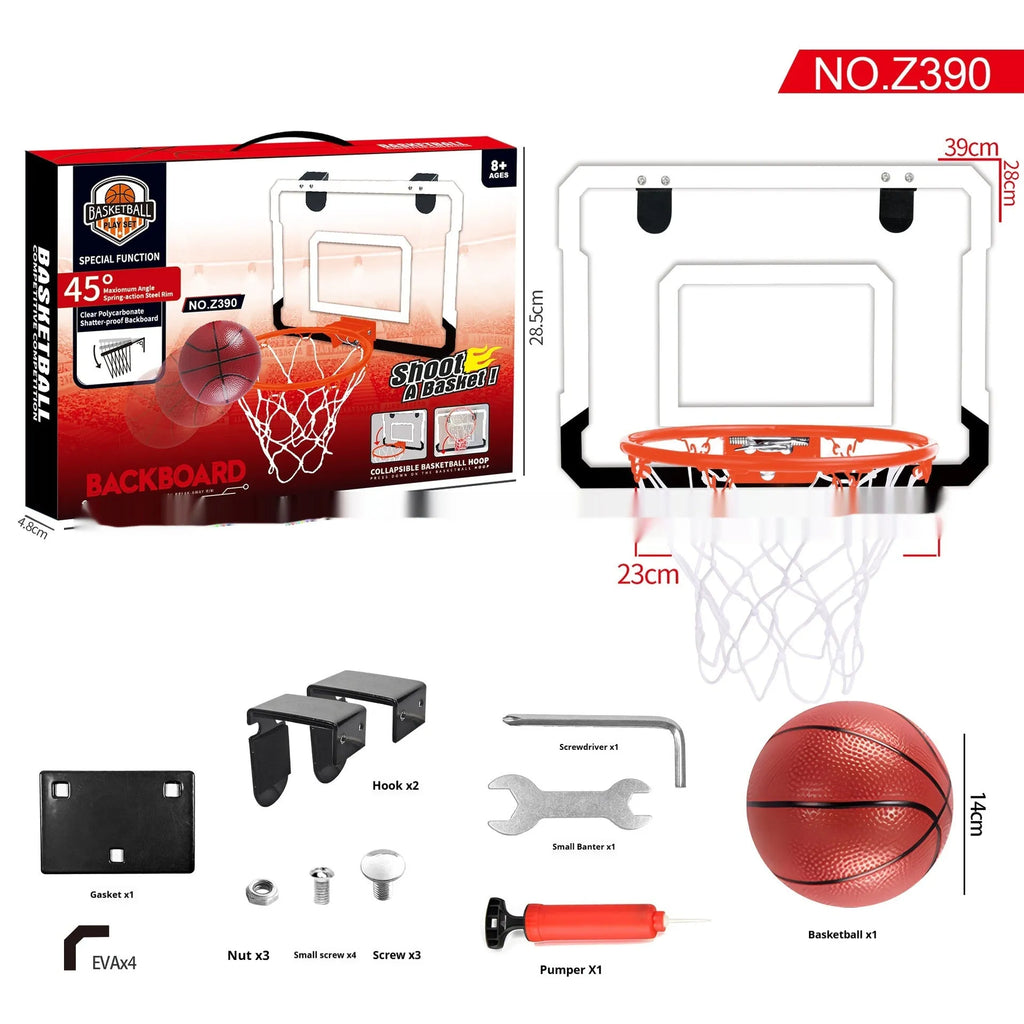 Red and blue folding basketball frame with suction cups, shown as dunk scorer and ball rack.