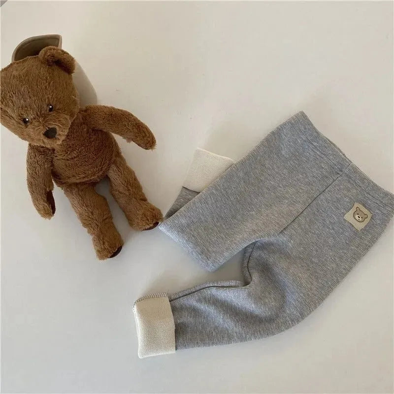 Girls' single-layer fleece-lined leggings with wool lining in beige, high waist design with hair band belt
