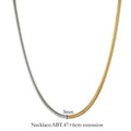 Close-up of a women's golden snake bone chain necklace with 3mm thick geometric stainless steel links.