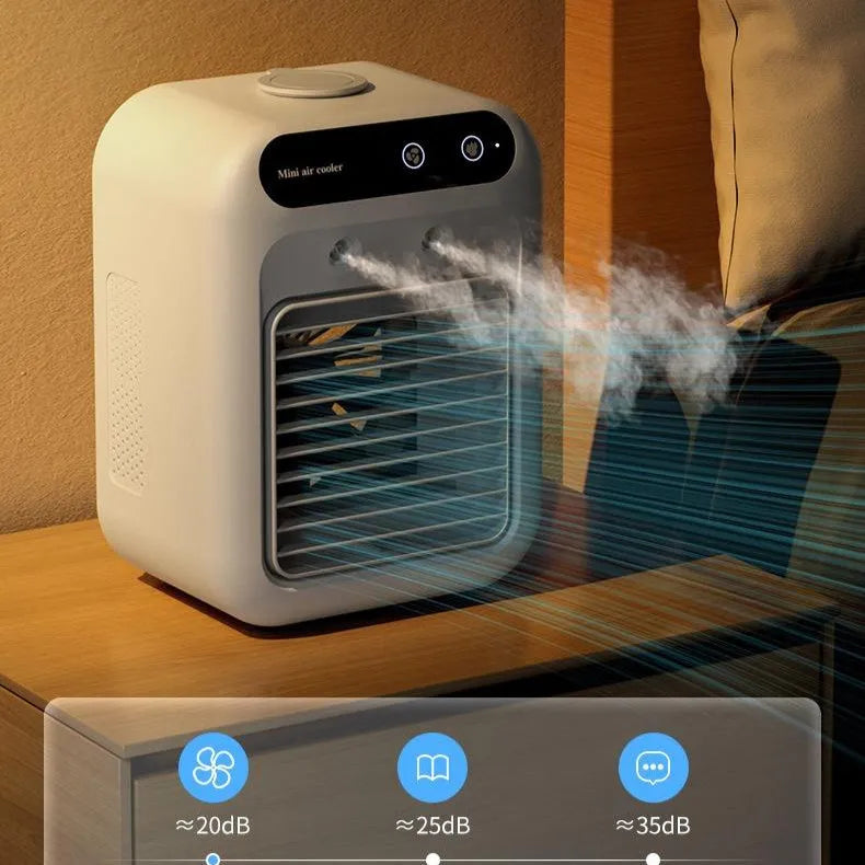 Ivory white portable USB air cooler fan with digital touchscreen display and water tank for room or car use