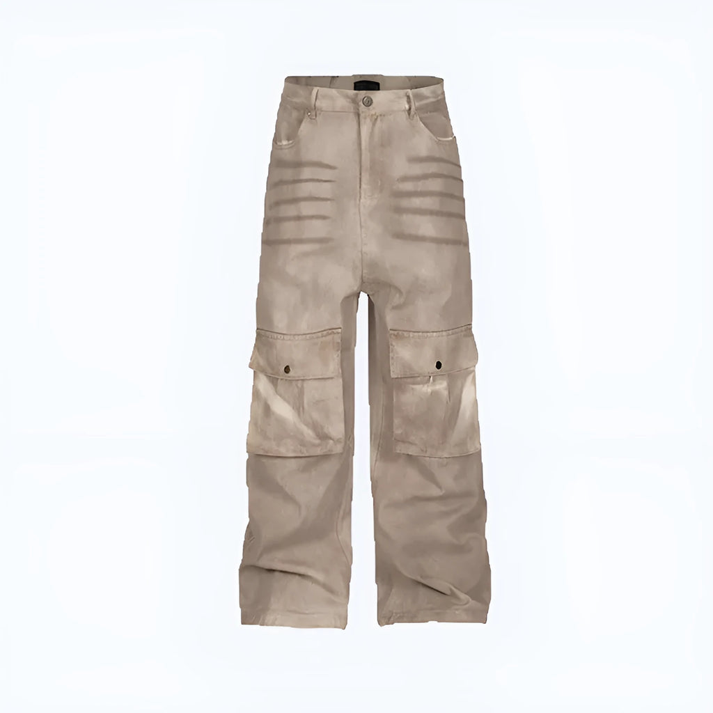 Straight loose fit A-line casual trousers in pure cotton denim with a mid waist and zip fly.