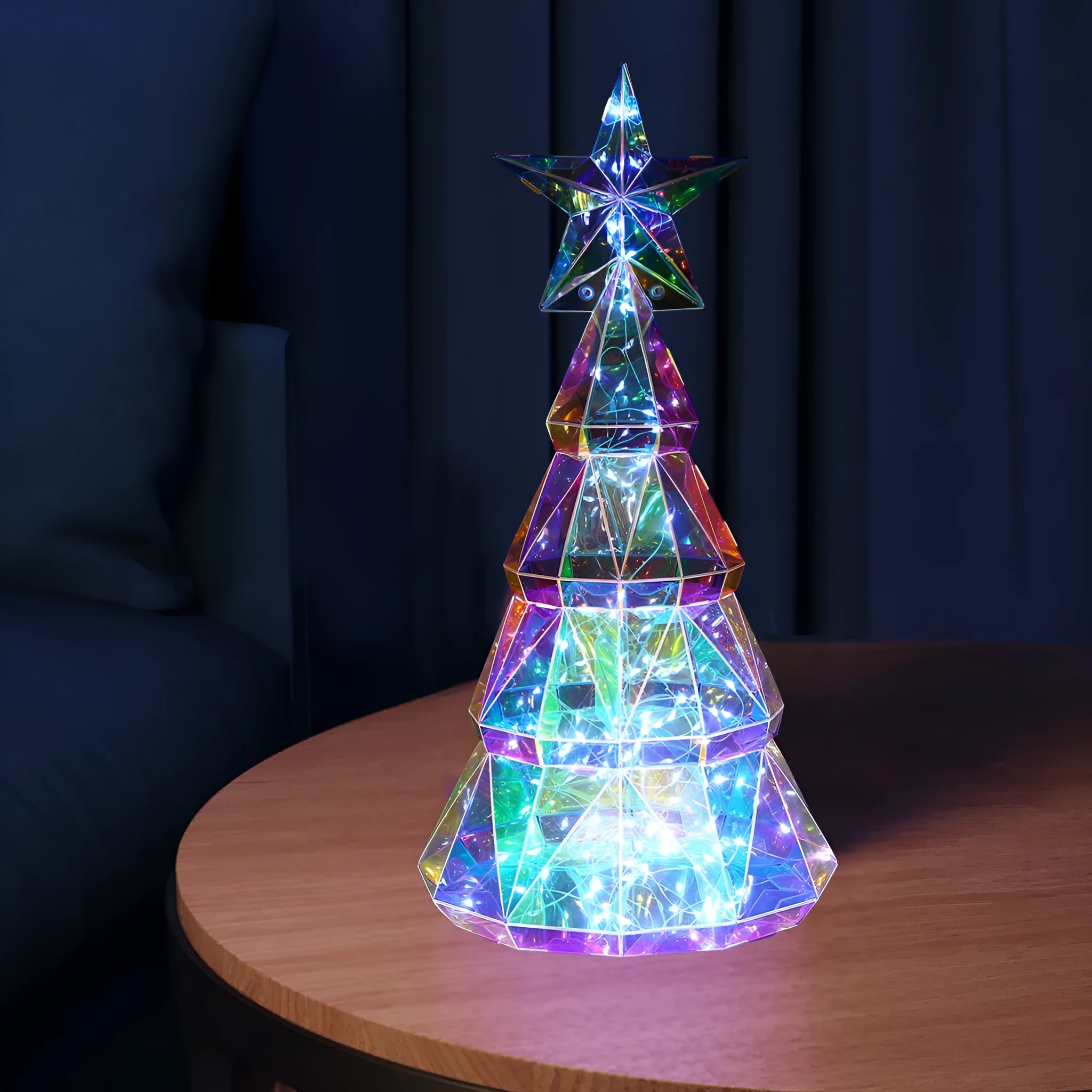 Colourful cartoon Christmas tree light decoration on a white background