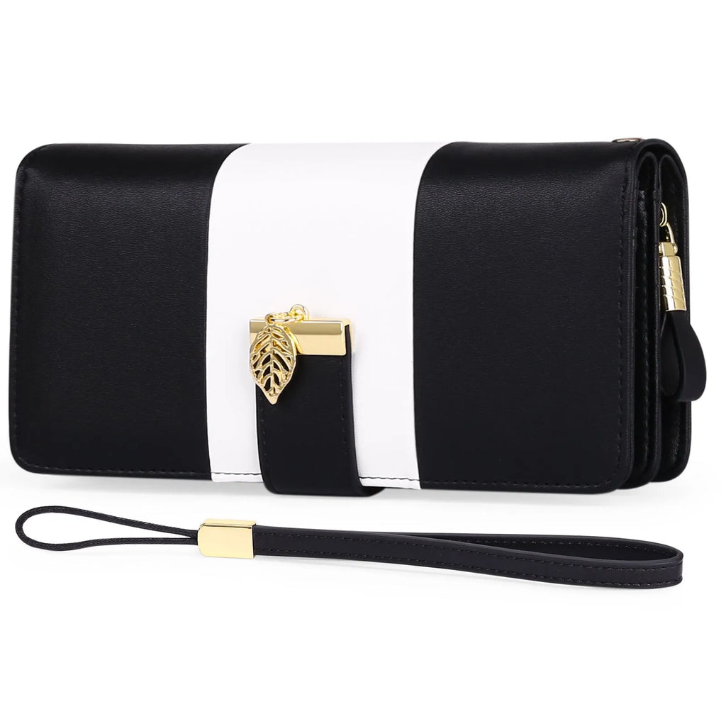 Midnight black anti-theft clutch bag with combination lock, shown open to reveal RFID-blocking card slots and microfiber lining.