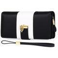 Midnight black anti-theft clutch bag with combination lock, shown open to reveal RFID-blocking card slots and microfiber lining.
