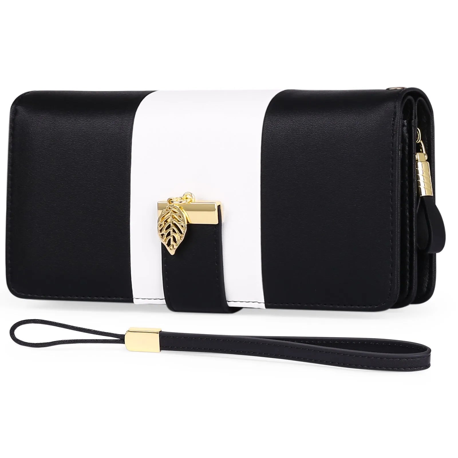 Midnight black anti-theft clutch bag with combination lock, shown open to reveal RFID-blocking card slots and microfiber lining.