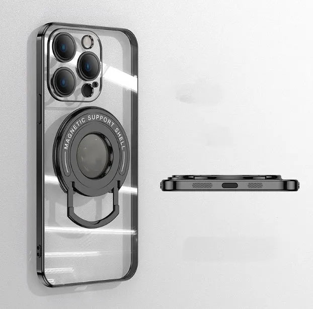 Transparent magnetic iPhone case with invisible pull-out stand, shown in dark purple colour.
