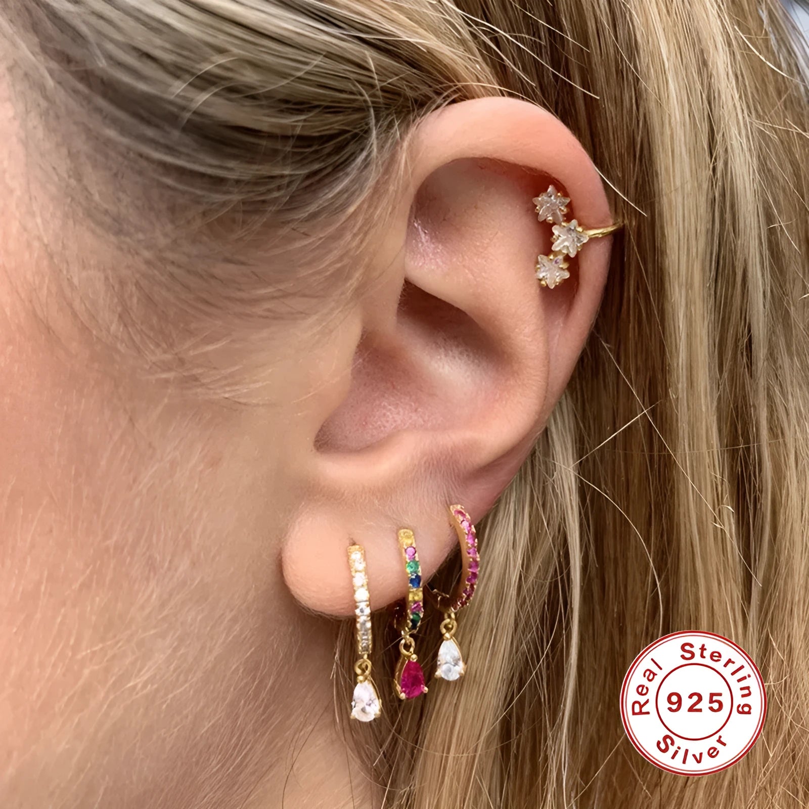 S925 sterling silver geometric water drop earrings for women with crystal accents.