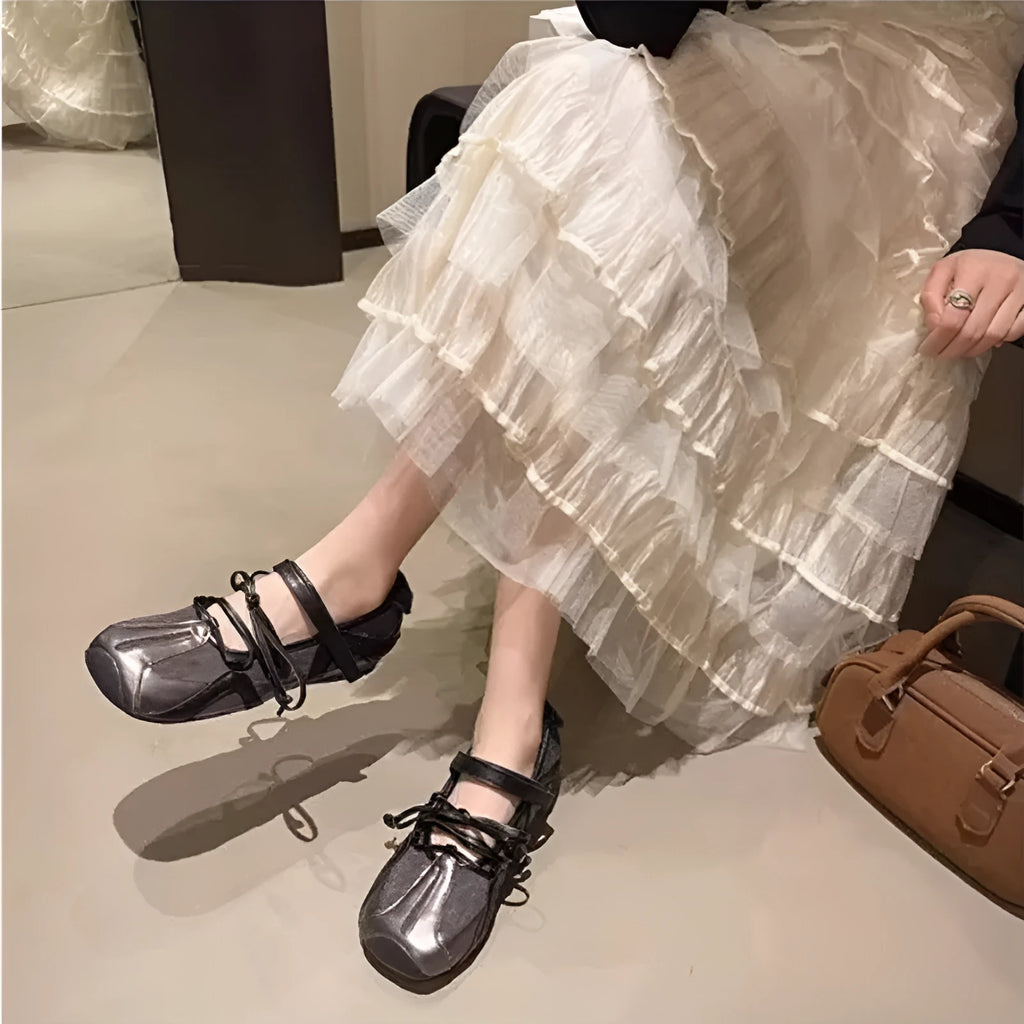 Women's beige Mary Jane ballet flats with block heel and front lace-up design