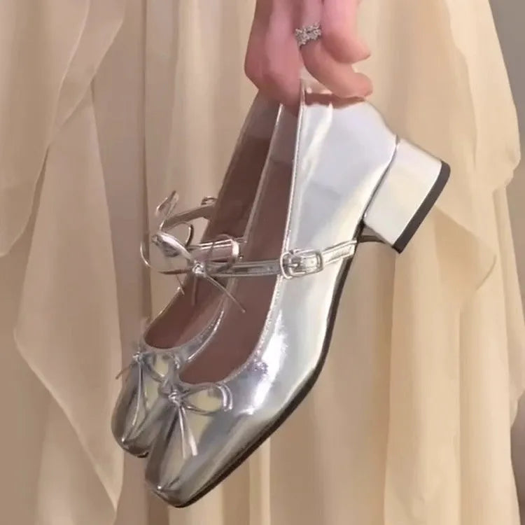 Silver chunky heel square toe low top high heel shoes with microfiber lining, size 34-40