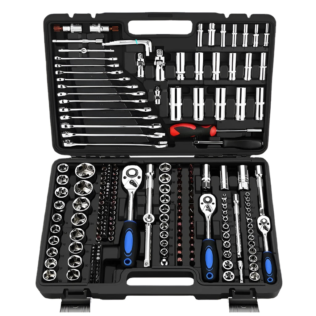 Chromium vanadium steel socket ratchet wrench set in open case showing sockets and ratchet handle
