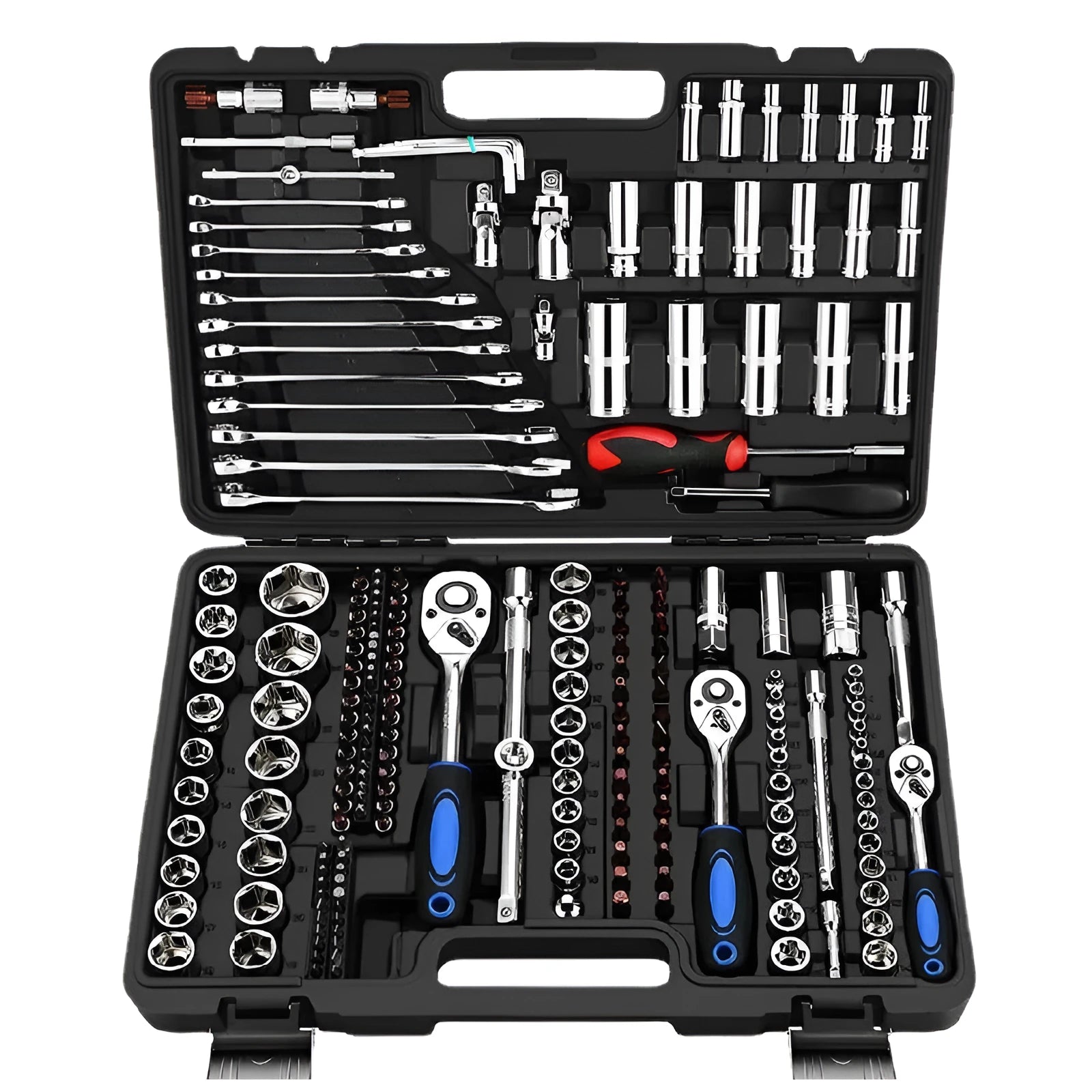 Chromium vanadium steel socket ratchet wrench set in open case showing sockets and ratchet handle