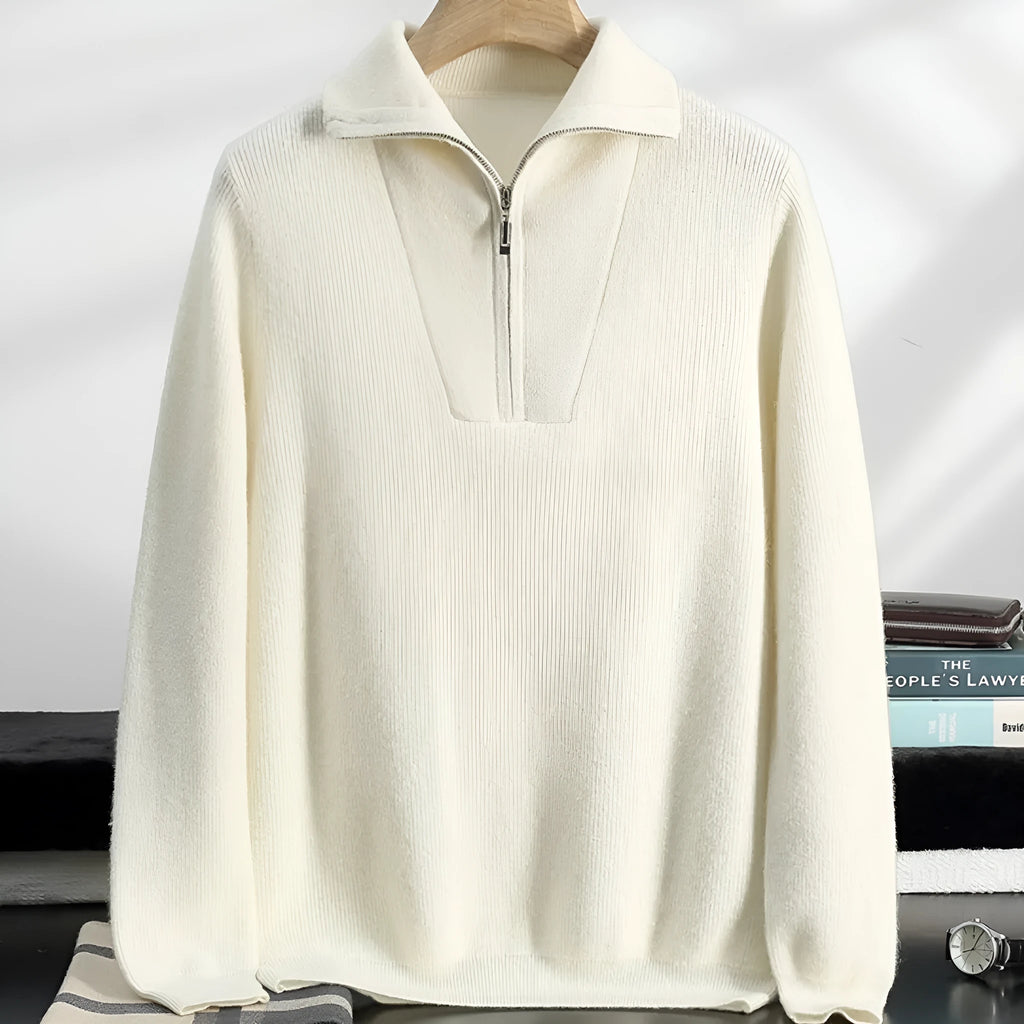Men's half zip thick jacquard sweater in solid camel colour with stand collar, front view