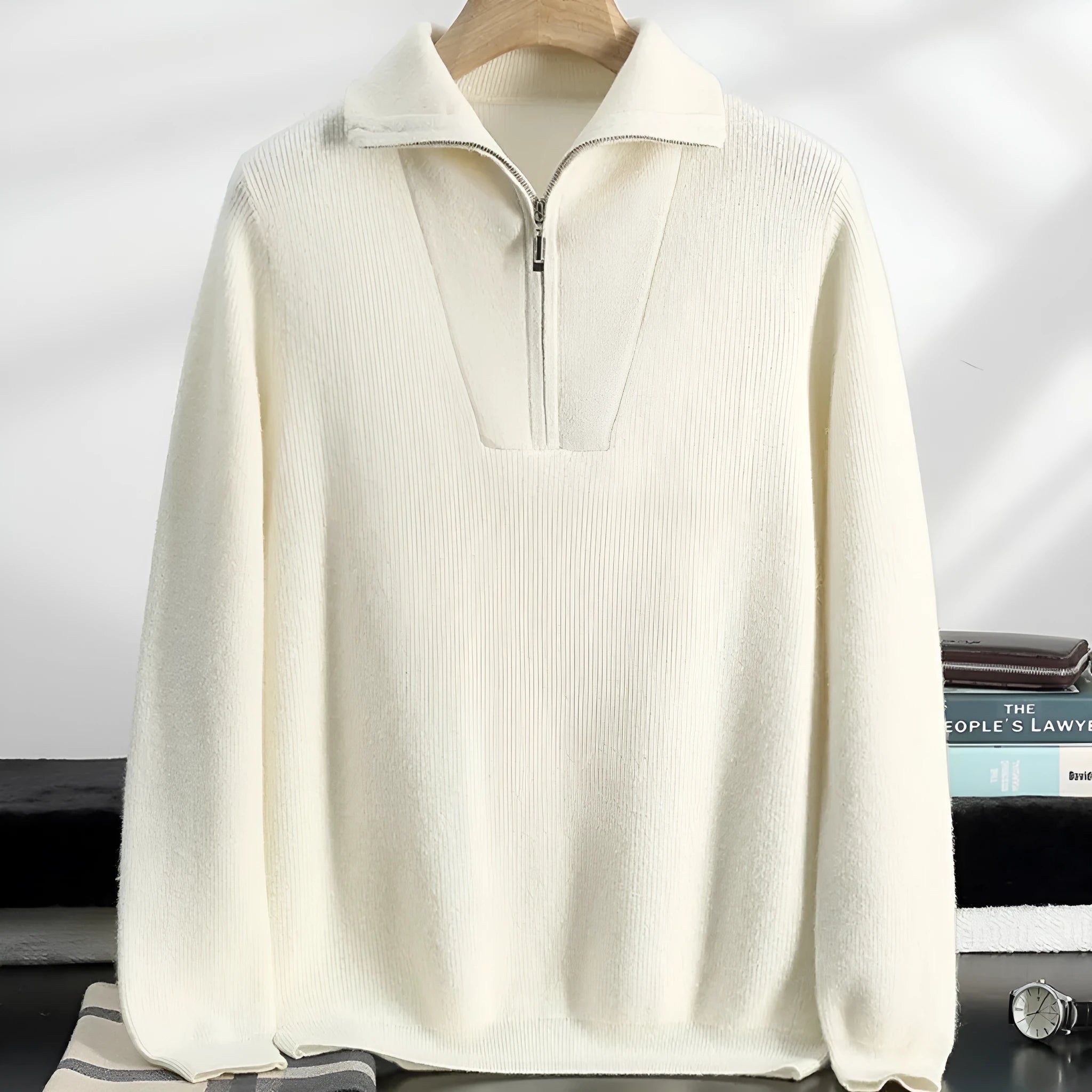 Men's half zip thick jacquard sweater in solid camel colour with stand collar, front view