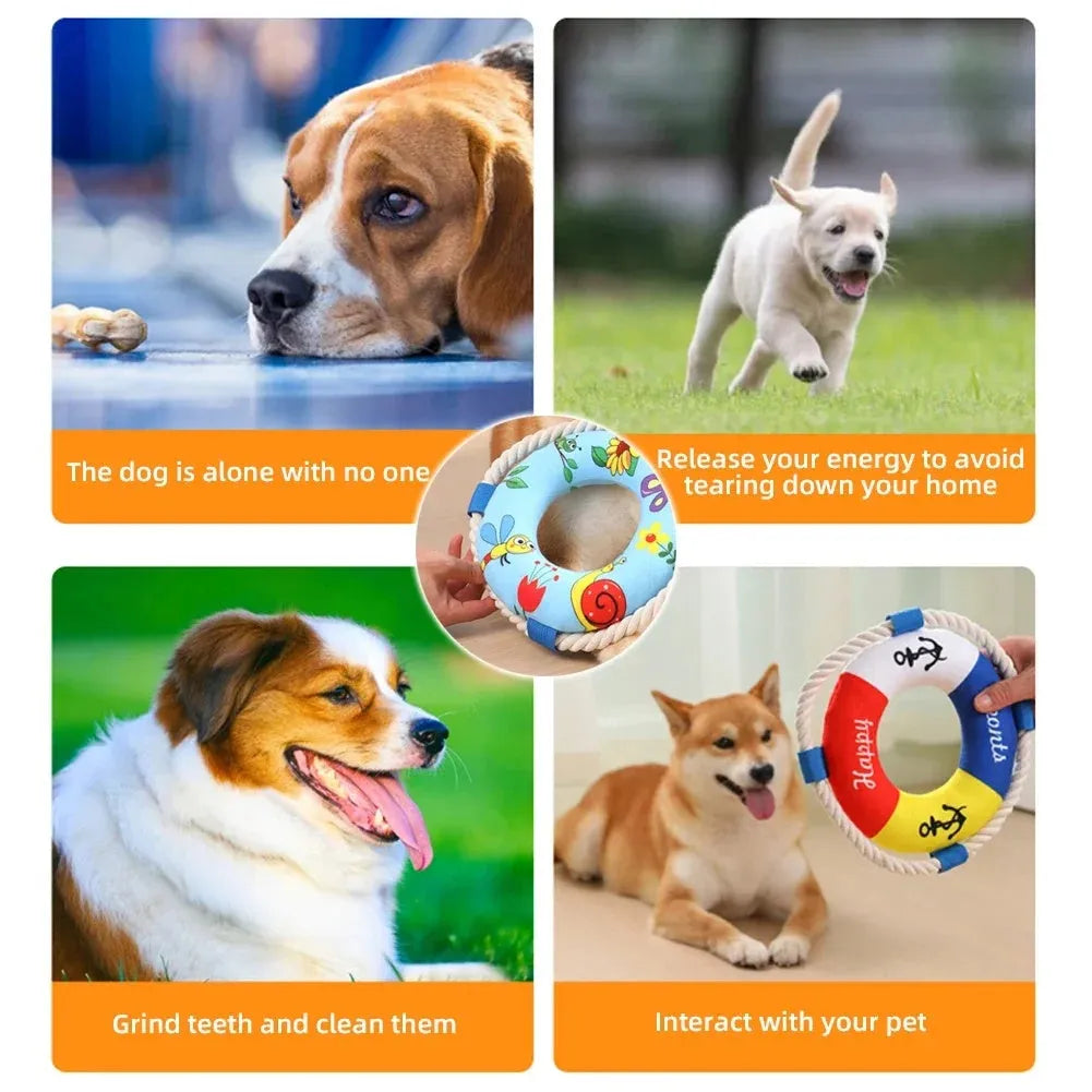 25cm diameter plush dog pull ring toy with squeaker in yellow fish design for chew resistant fetch training