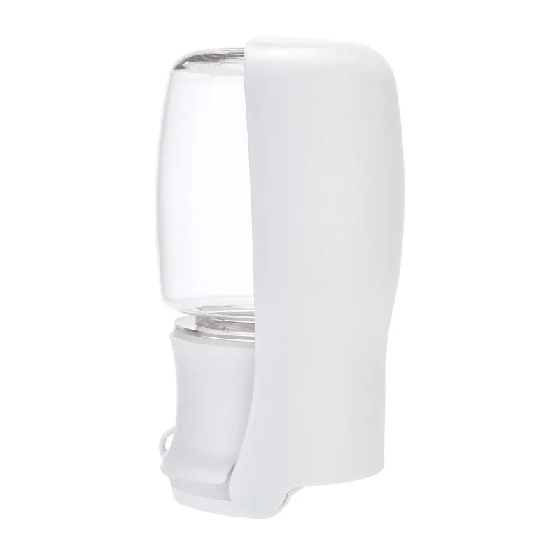 Blue foldable plastic dog water bottle with extended drinking bowl for outdoor use.