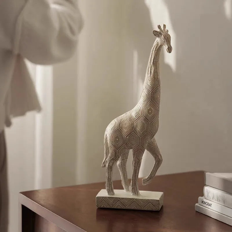 Wood colour synthetic resin giraffe ornament for shelf decoration, 30.5 cm tall.