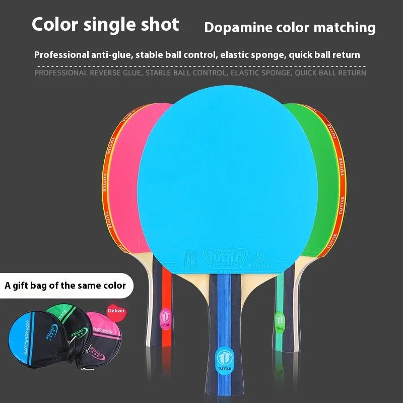 Colourful wood table tennis racket with shakehand grip and matching protective racket bag.