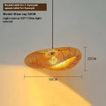 Bamboo hanging lamp with straw hat-shaped rattan weave in natural tones showing light diffusion