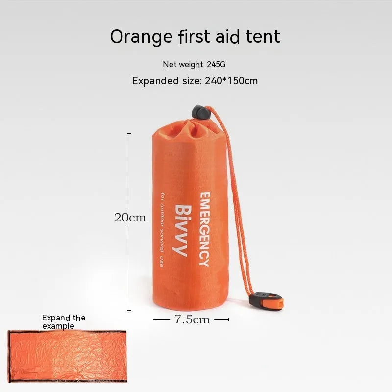 Portable emergency tent kit with sleeping bag and safety whistle in orange or army green colours