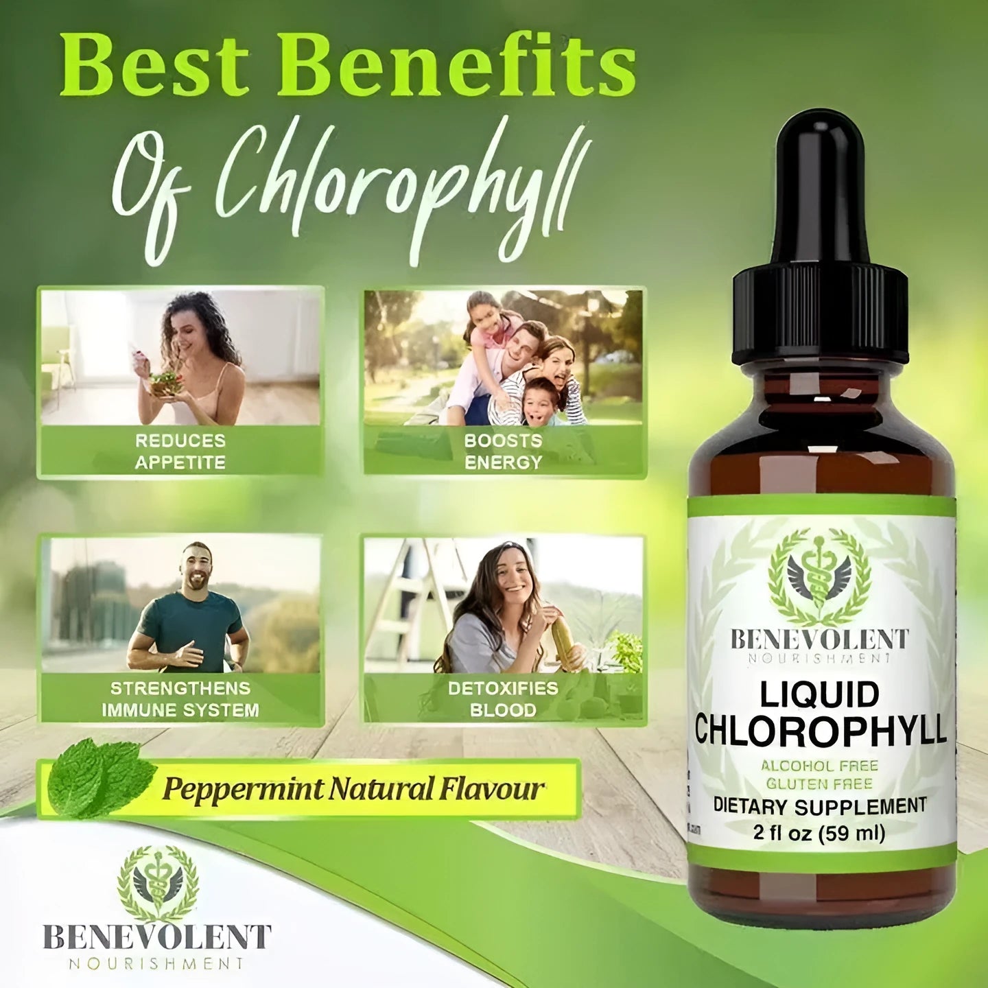 60 ml bottle of natural chlorophyll liquid drops for adult intestinal care.