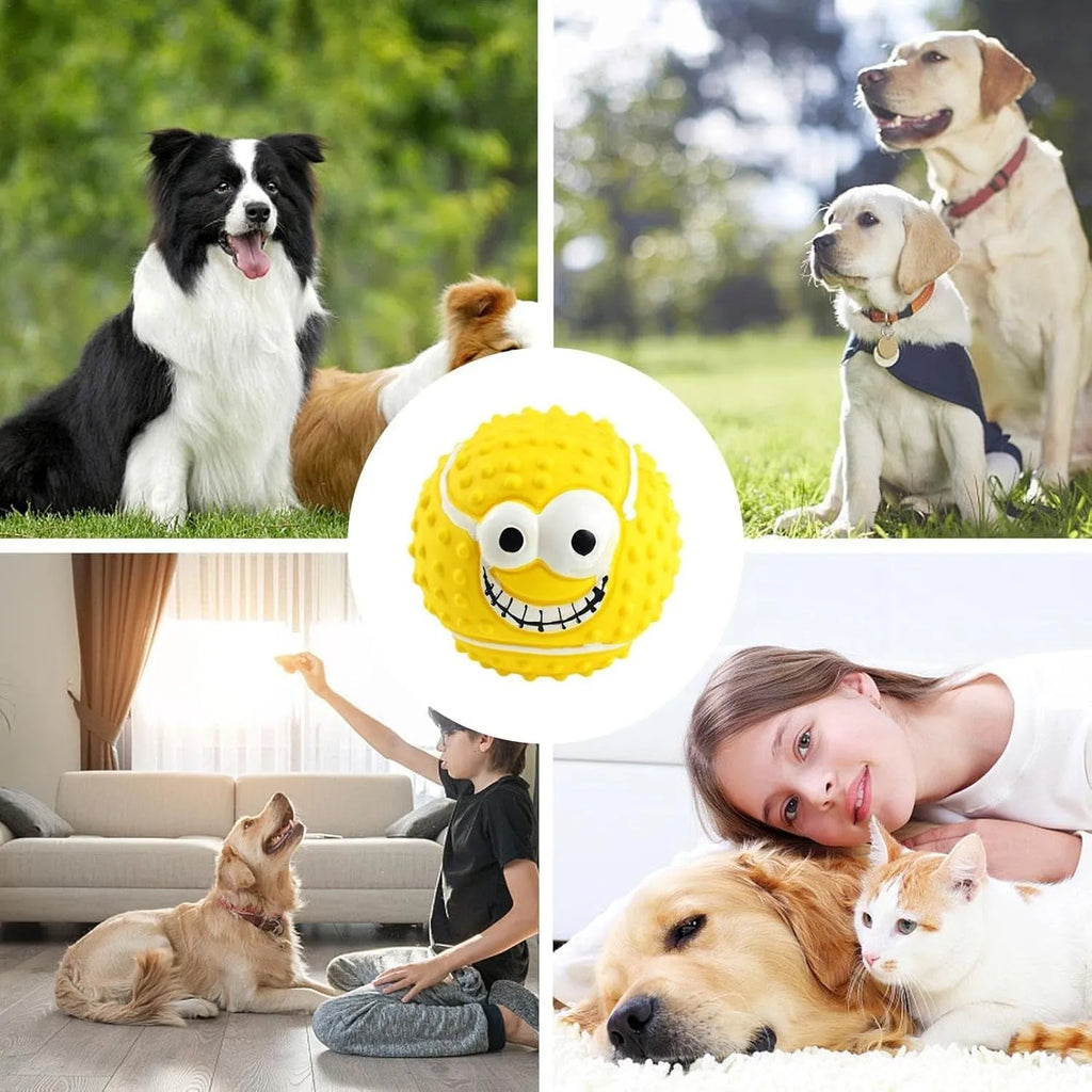 Green latex dog ball with smile face design and squeaker for pet play