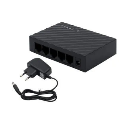 5-port Gigabit Ethernet switch in black with LED lights and RJ45 ports on front panel