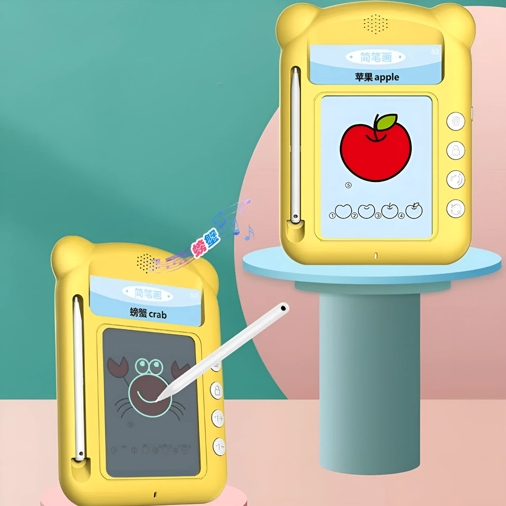 Yellow ABS plastic stick figure early learning machine with educational cards