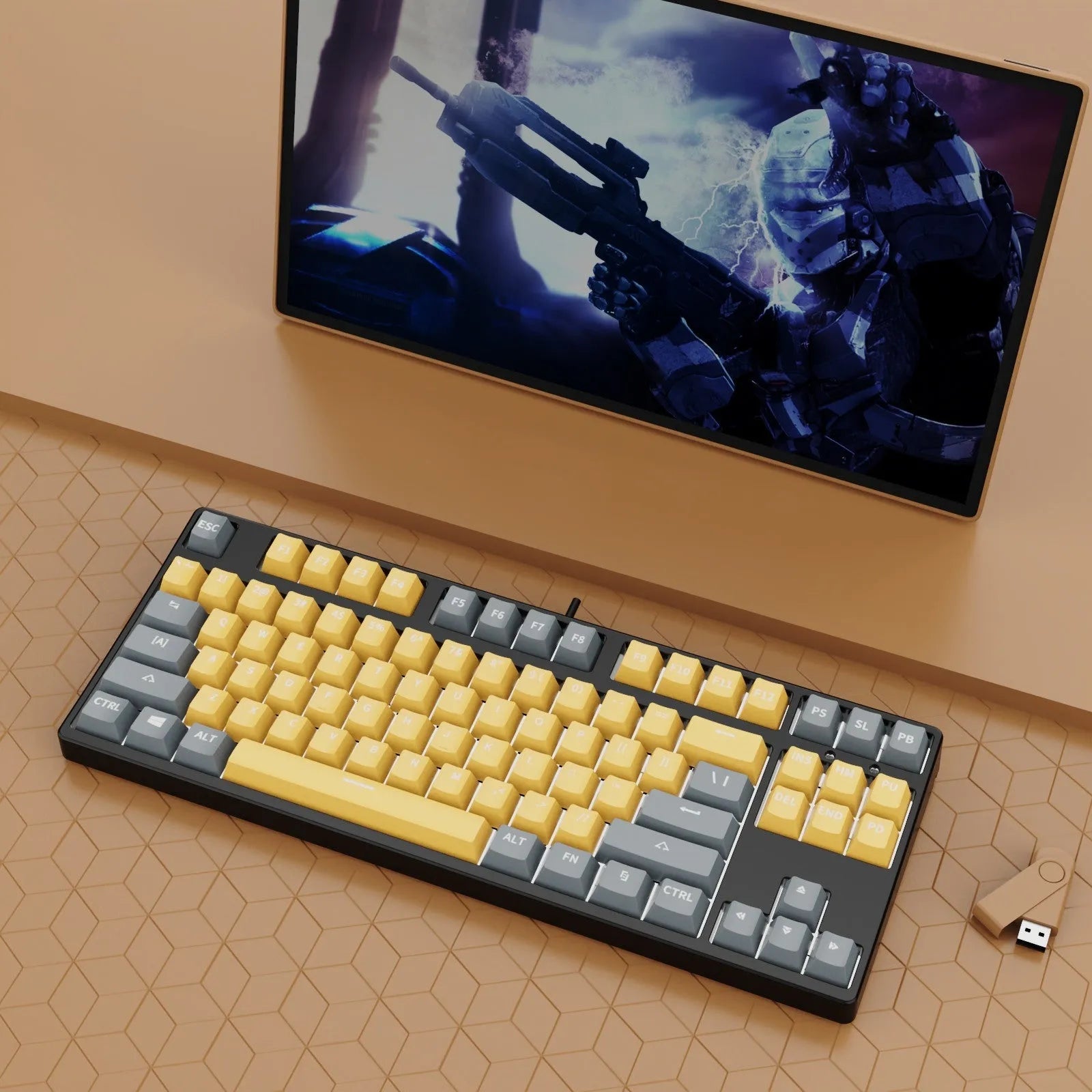 87-key hot-swappable mechanical keyboard with dual-colour backlighting and metal construction.