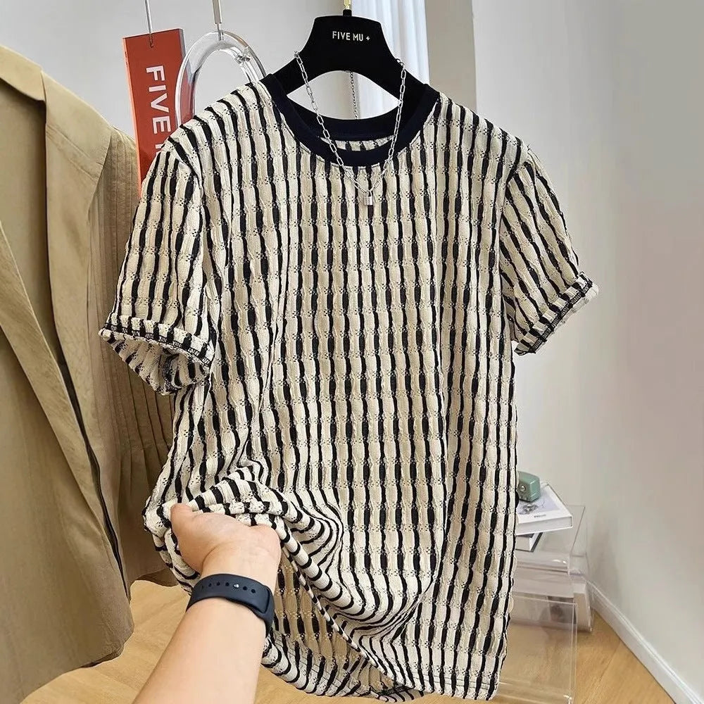 Black and white striped men's casual linen blend shirt with short sleeves and a loose fit.