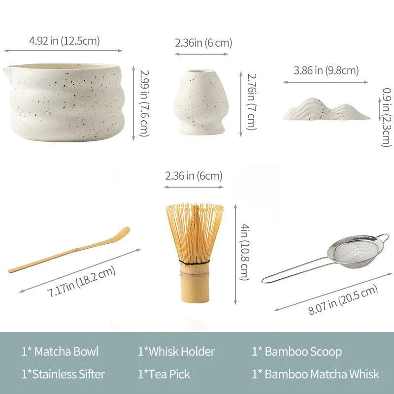 Ceramic matcha stool bowl with sand point finish, 4-piece set, one bowl in focus