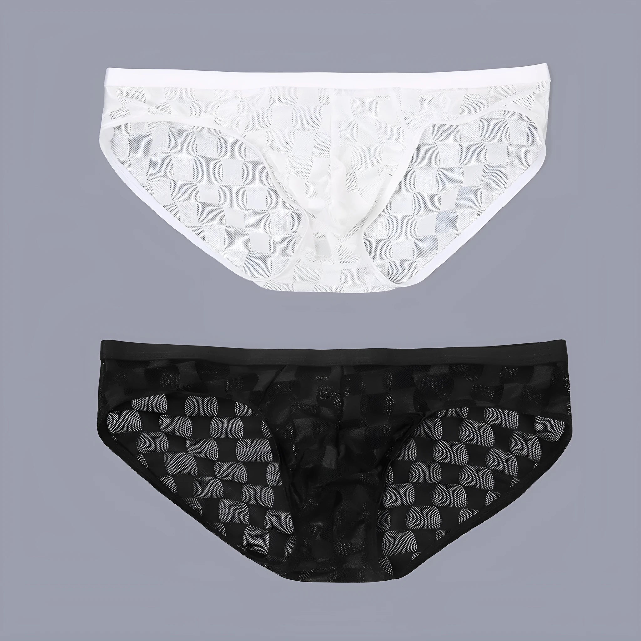 Men's black and white plaid mesh underpants showing U-convex design and lace fabric.
