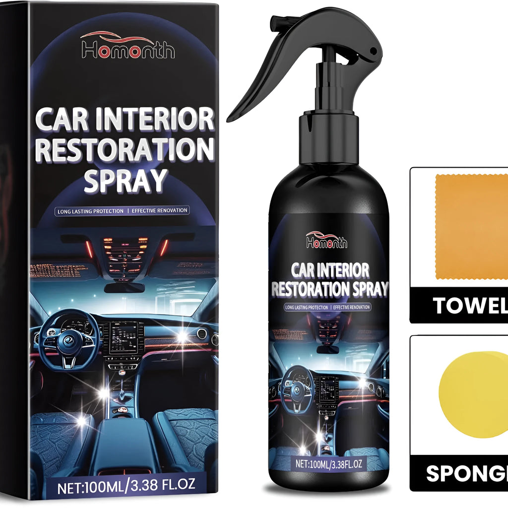Car interior restoration spray kit with 100ml PET bottle, microfibre towel, and sponge.