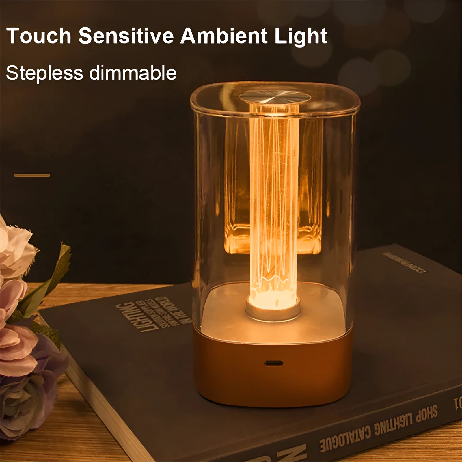 LED touch atmosphere bedside lamp with USB charging in rose gold finish