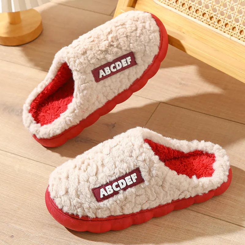 New Letter non-slip thick-soled fur slippers in beige with plush upper and PVC sole for indoor warmth