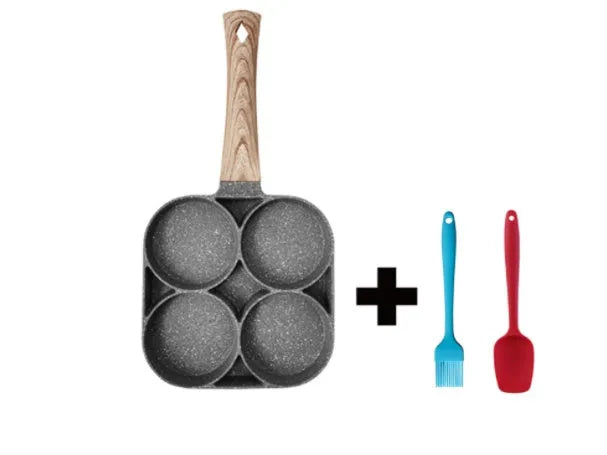 Four-hole non-stick aluminium frying pan with wood handle, silicone spatula, and oil brush.