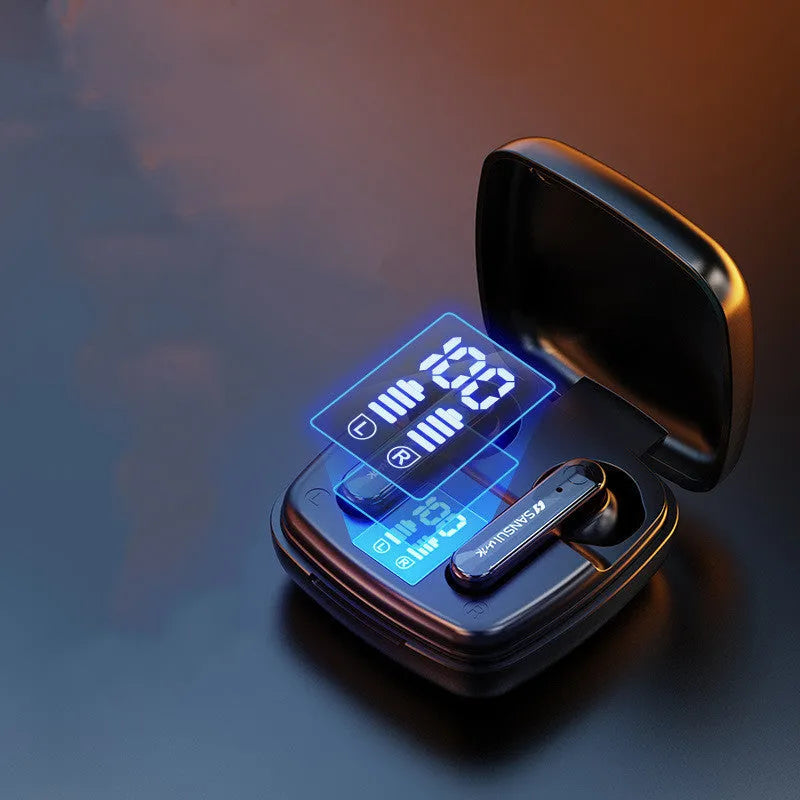 Dark Night Black wireless Bluetooth earphones with digital battery display, semi-in-ear design.