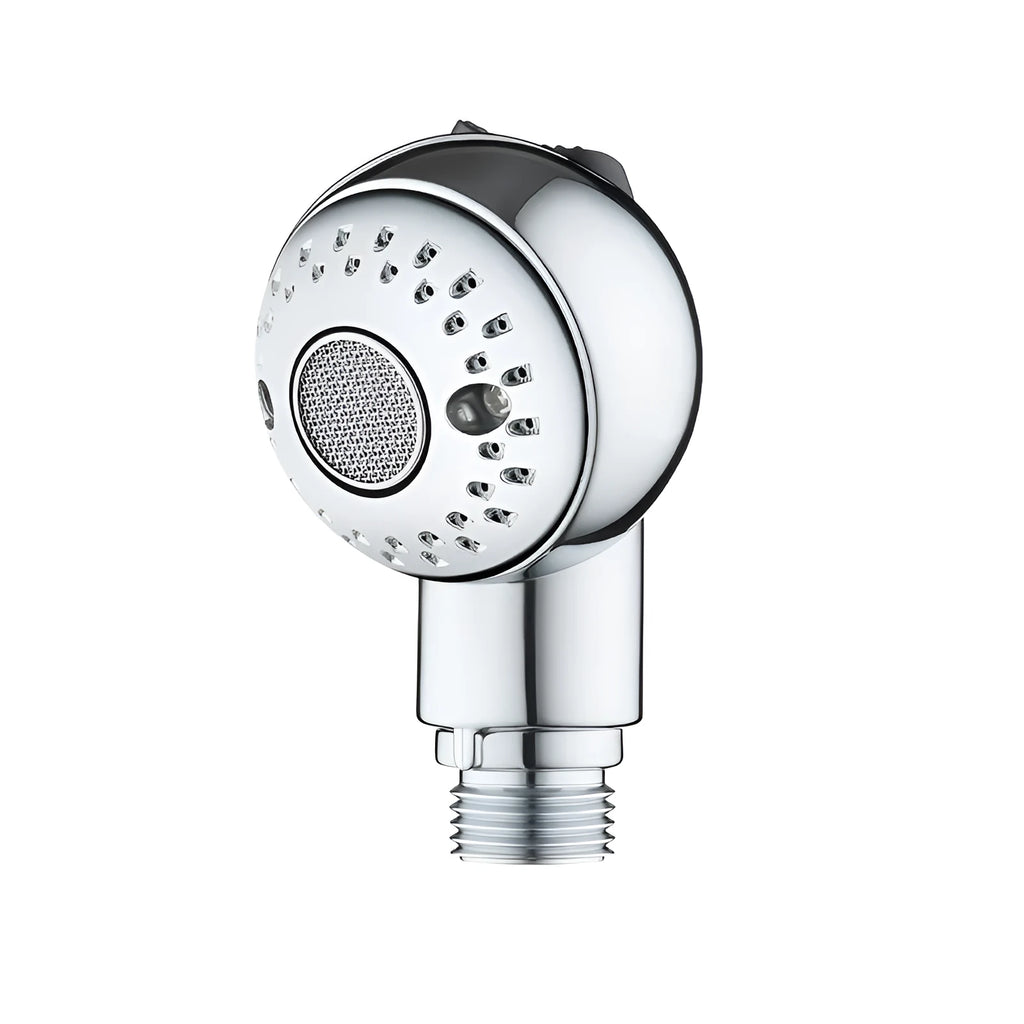 Silver handheld pet shower head with gentle non-pressurised spray for washing dogs and babies.