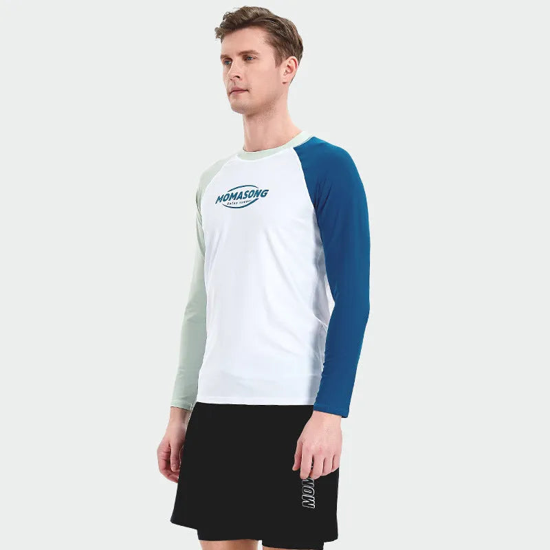 Men's white long sleeve swim top and matching trunks set for beach and surfing.
