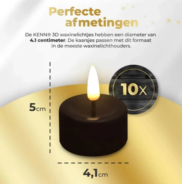 Set of four black LED tealight candles showing flame-effect light.