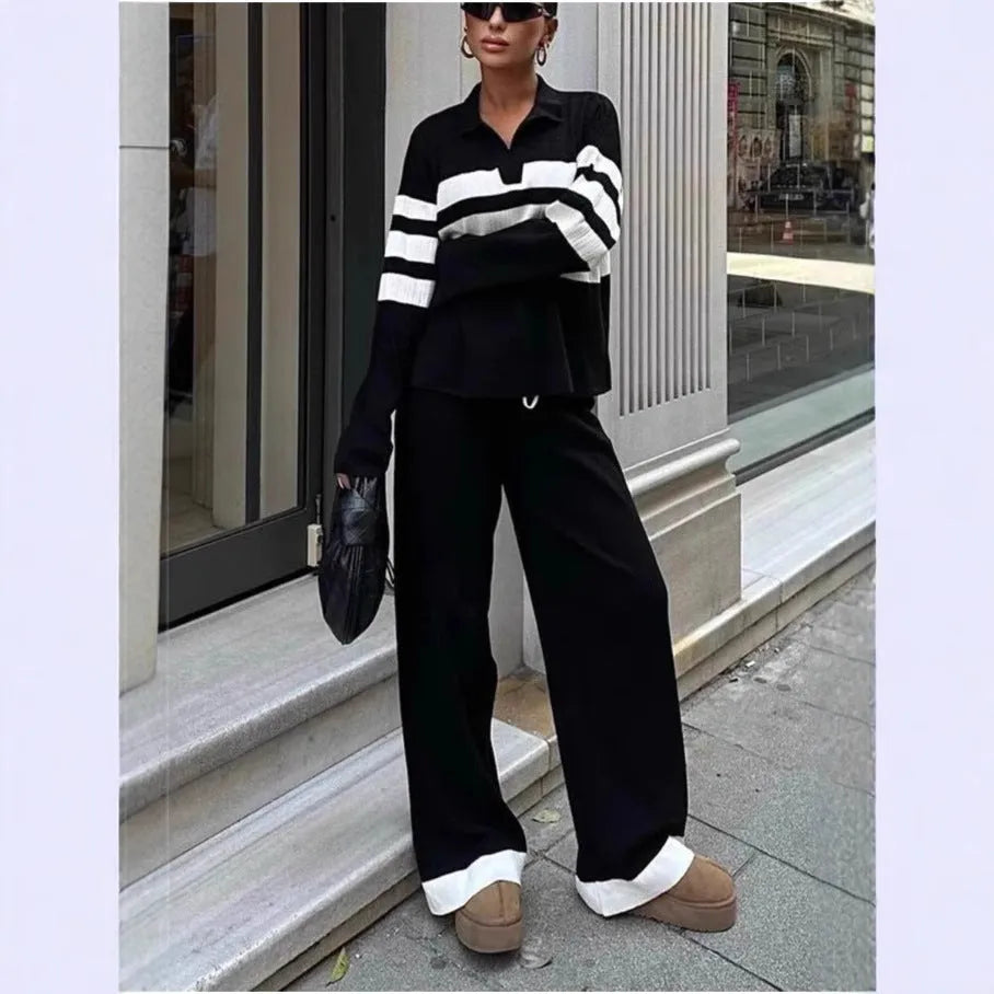 Women's black and white striped knitted polo collar top and trousers two-piece set