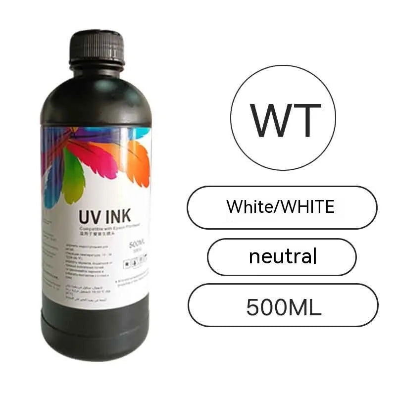 500ml bottle of Epson-compatible UV printer ink in black, cyan, magenta, yellow, light cyan, light magenta, white, and glossy colours.
