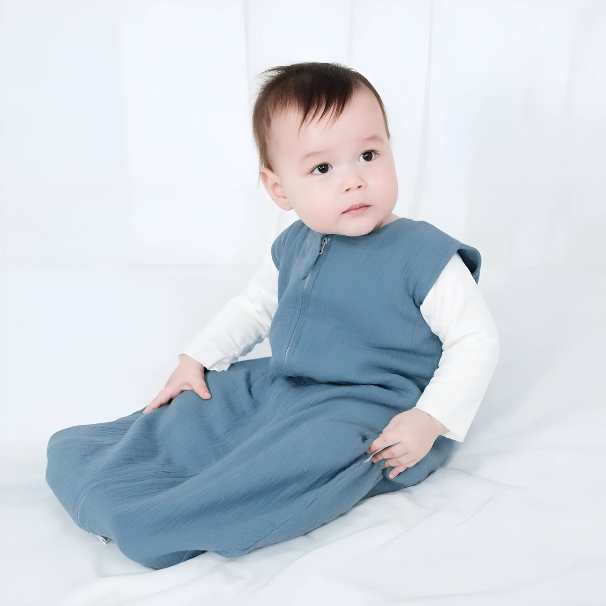 Baby sleeveless gauze sleeping bag in khaki with pure cotton lining, 70cm length for 0-18 months