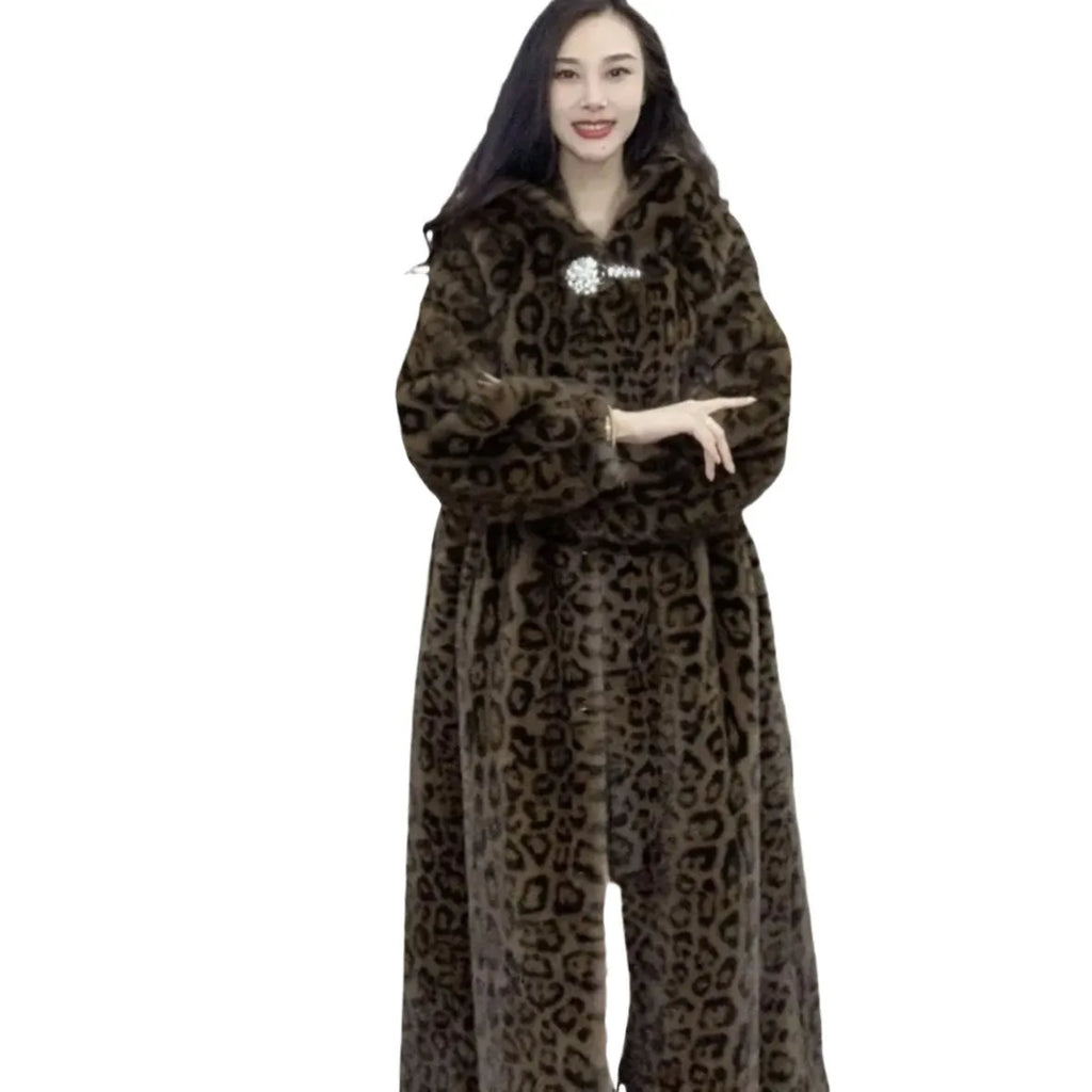 Brown leopard print plus size faux fur coat for women with long 100cm length and loose fit.