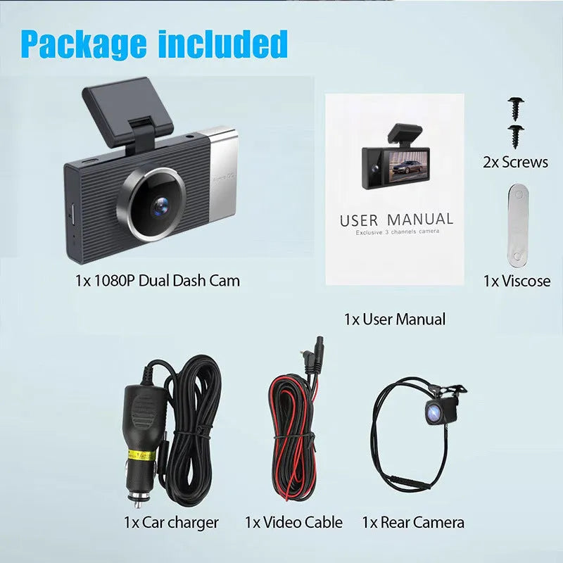 WIFI driving recorder with three lenses, 3-inch screen, and mobile phone app connection