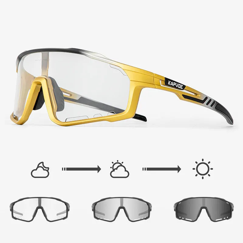 Photochromic cycling sunglasses with semi-rimless TR90 frame in one of 14 colour options.