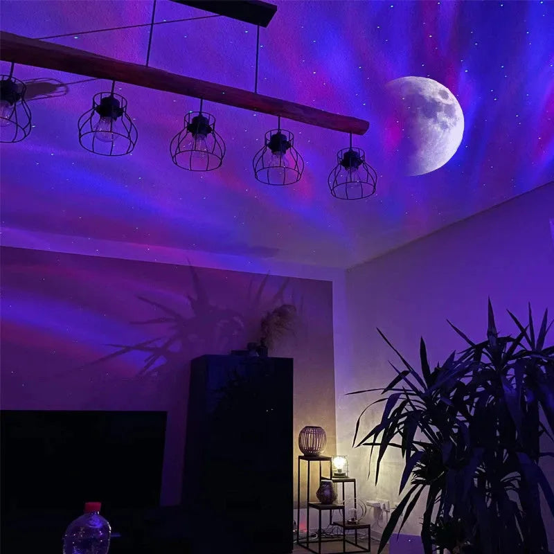White ABS starlight projector with aurora borealis and moon projection, remote control, and USB cable