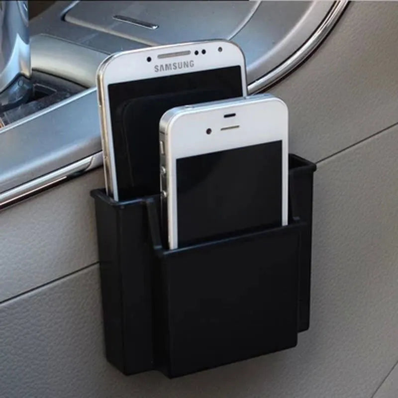 Black ABS car vent mobile phone storage box with card holder slot and adhesive sticker mounts