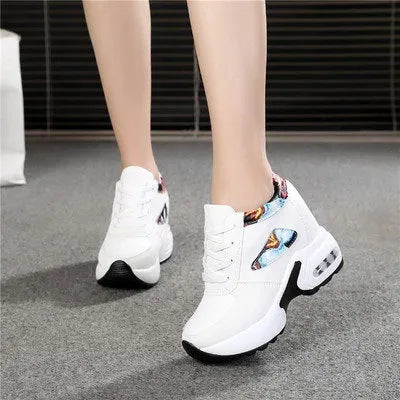 Women's white wedge platform shoes with PU upper round toe and 6-8CM heel