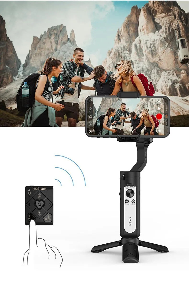 Black 3-axis mobile phone stabilizer gimbal shown in folded position next to a selfie stick.