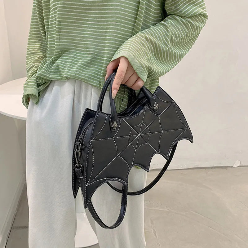 Black PU spider web shape messenger crossbody bag with embroidery and three shoulder straps